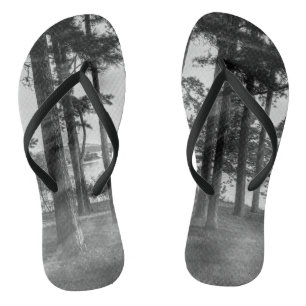 Foggy Trees At Table Rock Grayscale Flip Flops