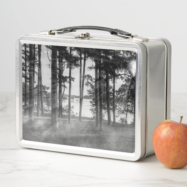 Foggy Trees At Table Rock Grayscale Metal Lunch Box (In Situ)