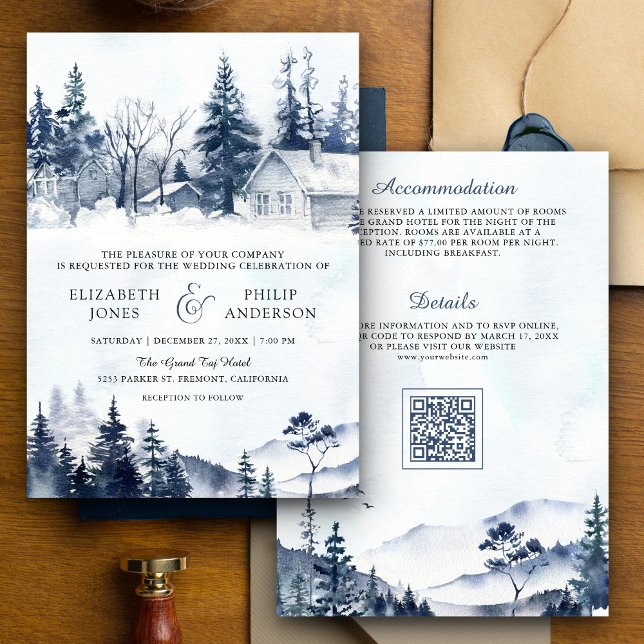 Foggy Winter Mountain Pine Forest QR Code Wedding Invitation (Creator Uploaded)