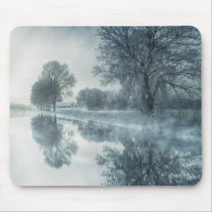 Foggy Winter Scene of a Lake, with Trees, and Sky Mouse Mat