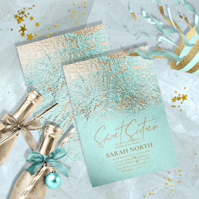 Foil Abstract Sweet Sixteen Gold Teal  ID776 Invitation (Creator Uploaded)