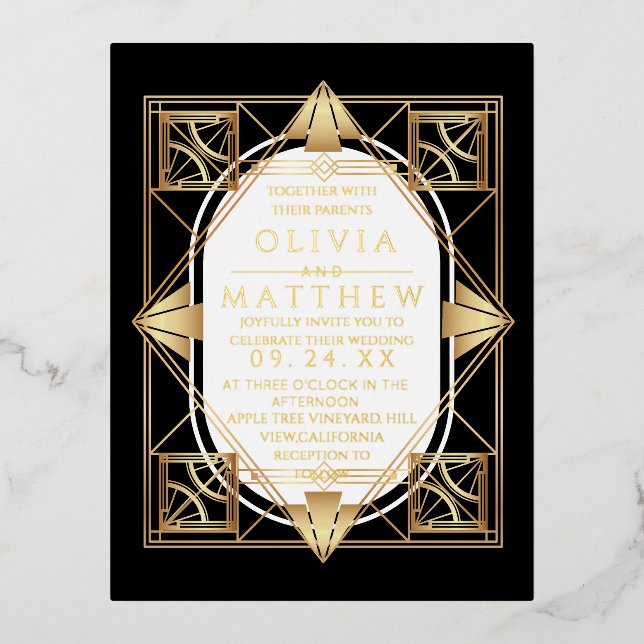 Foil Art Deco Modern Black and Gold Wedding  Foil Invitation Postcard (Front)