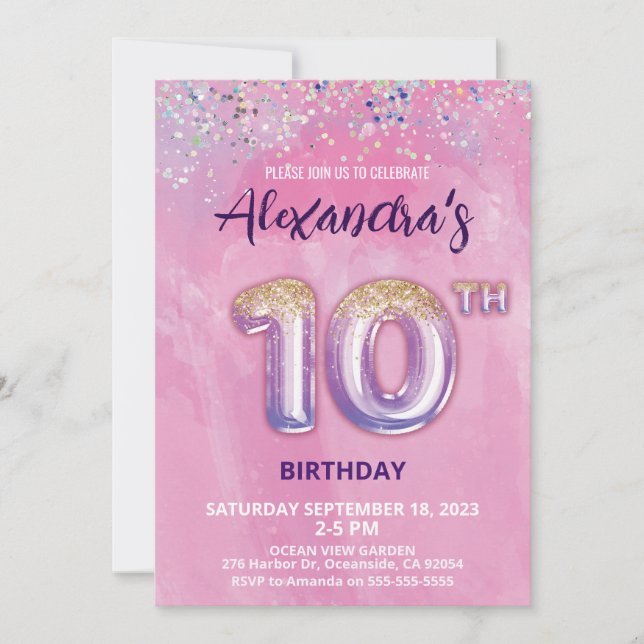 Foil Balloon 10th Birthday Invitation (Front)