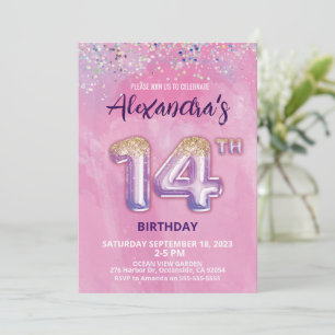 Foil Balloon 14th Birthday Invitation