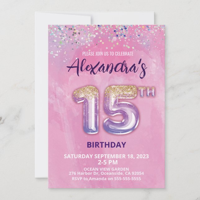 Foil Balloon 15th Birthday Invitation (Front)