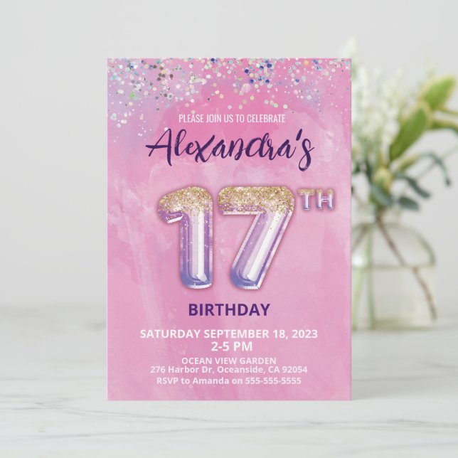 Foil Balloon 17th Birthday Invitation (Standing Front)