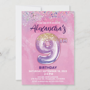 Foil Balloon 9th Birthday Invitation