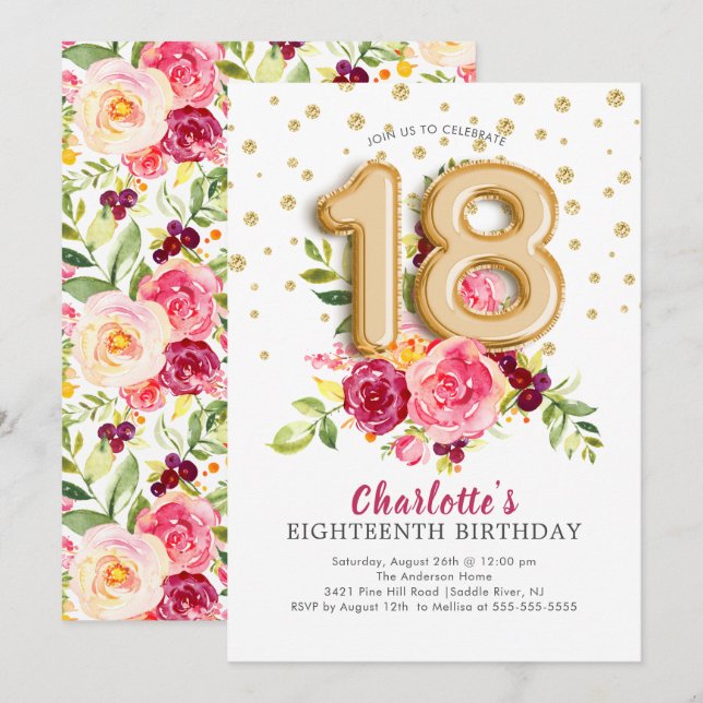 Foil Balloon Floral 18TH Birthday Invitation (Front/Back)