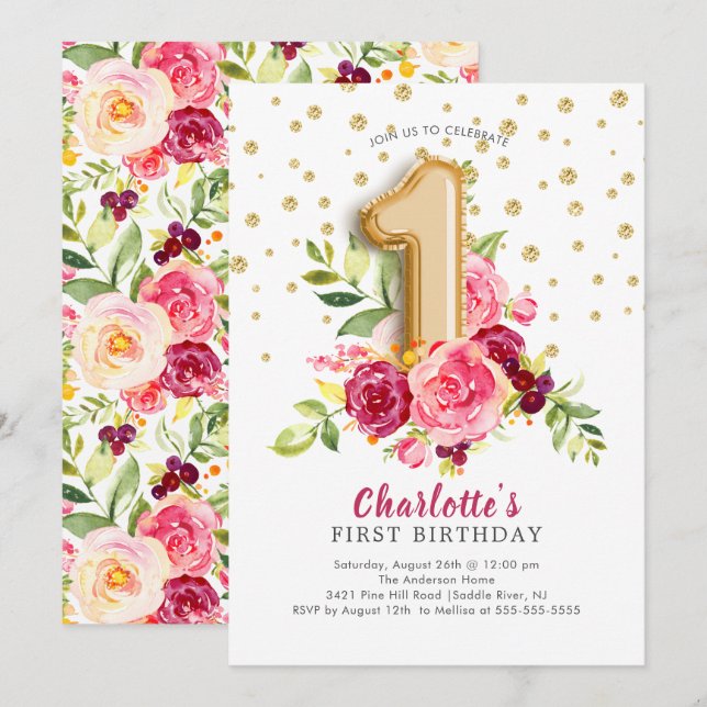 Foil Balloon Floral 1st Birthday Invitation (Front/Back)