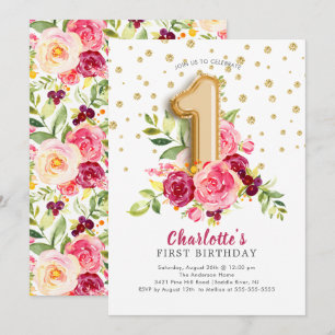 Foil Balloon Floral 1st Birthday Invitation