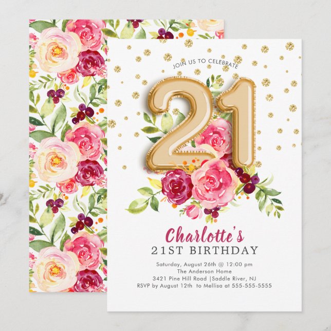 Foil Balloon Floral 21ST Birthday Invitation (Front/Back)