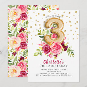 Foil Balloon Floral 3rd Birthday Invitation