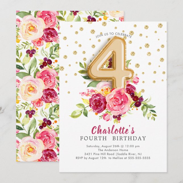Foil Balloon Floral 4TH Birthday Invitation (Front/Back)