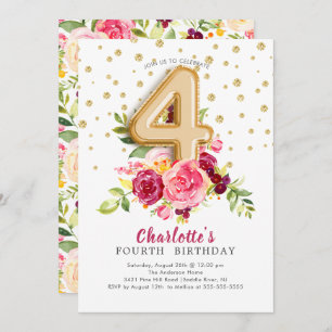 Foil Balloon Floral 4TH Birthday Invitation