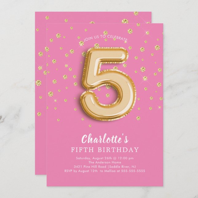 Foil Balloon Floral 5th Birthday Invitation (Front/Back)