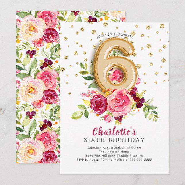 Foil Balloon Floral 6TH Birthday Invitation (Front/Back)