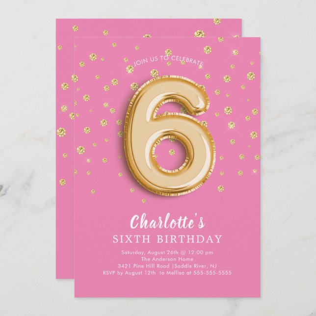 Foil Balloon Floral 6TH Birthday Invitation (Front/Back)