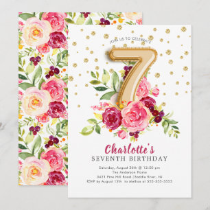 Foil Balloon Floral 7TH Birthday Invitation
