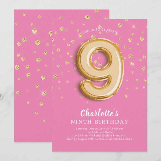 Foil Balloon Floral 9TH Birthday Invitation (Front/Back)