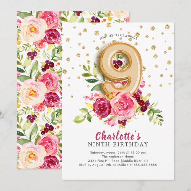 Foil Balloon Floral 9TH Birthday Invitation (Front/Back)