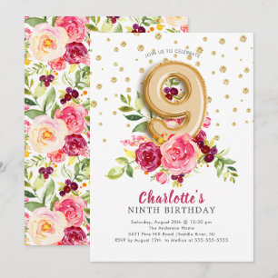 Foil Balloon Floral 9TH Birthday Invitation