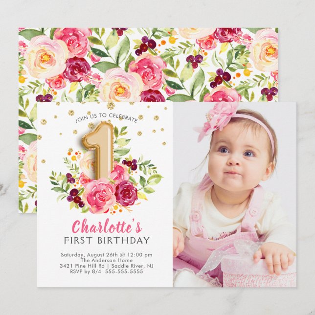 Foil Balloon Photo First Birthday Invitation (Front/Back)