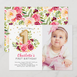 Foil Balloon Photo First Birthday Invitation