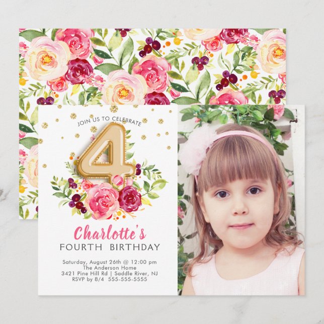 Foil Balloon Photo FOURTH Birthday Invitation (Front/Back)