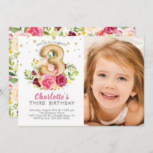 Foil Balloon Photo Third Birthday Invitation