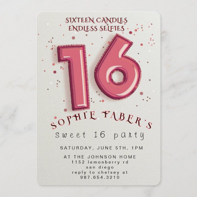 Foil Balloon Sweet Sixteen Birthday Party  Invitation (Front)