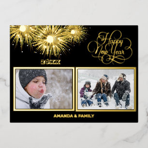 Foil Black and gold Script Happy New year Holiday Postcard