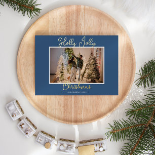 FOIL Blue Holly Jolly Christmas Photo and Letter Holiday Card