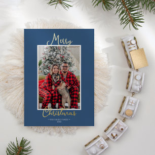 FOIL Blue Holly Jolly Merry Christmas One Photo Foil Holiday Card