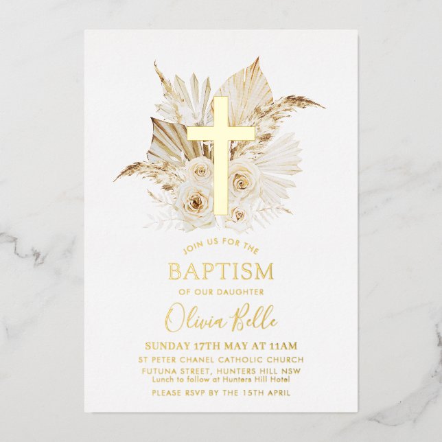 Foil Boho Dried Palm Floral Baptism Christening (Front)