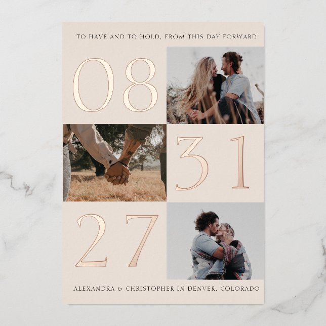 Foil Bold Date Triple Photo Save The Date Card (Front)