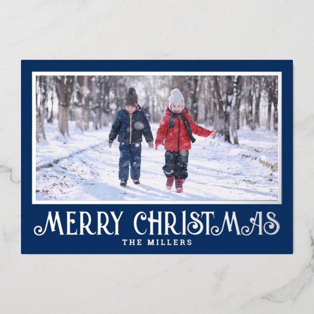 Foil Christmas Photo Card for Holidays in Blue (Front)