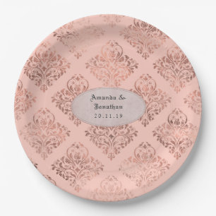 Foil Damask Rose Gold and Blush Wedding Paper Plate
