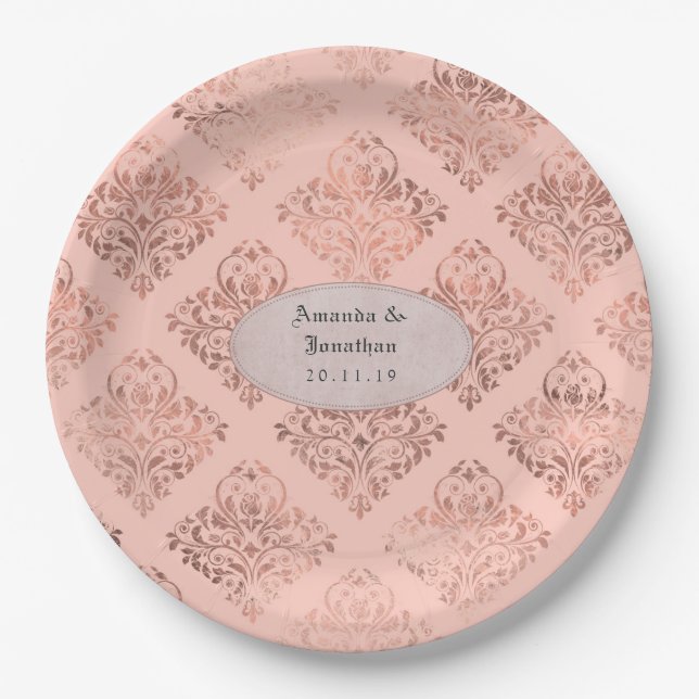 Foil Damask Rose Gold and Blush Wedding Paper Plate (Front)