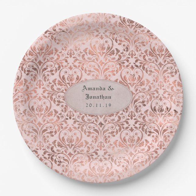 Foil Damask Rose Gold and Blush Wedding Paper Plate (Front)