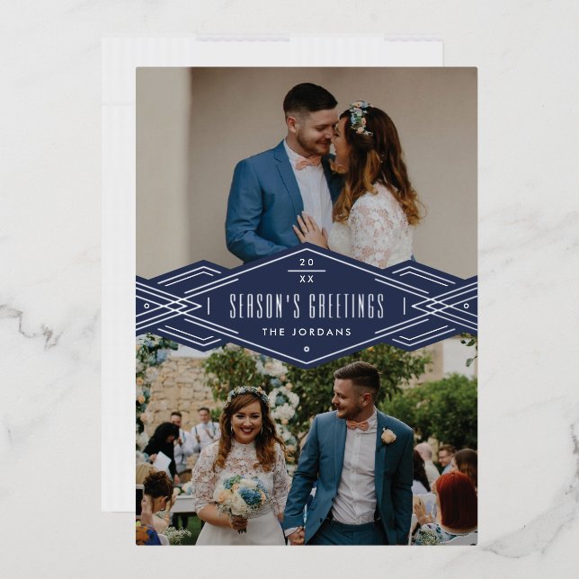 Foil Deco Band 2-Photo Holiday Card - Blue (Envelope)