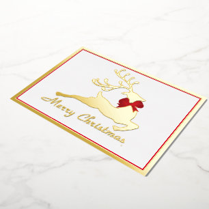Foil deer with red bow custom Christmas Foil Holiday Card