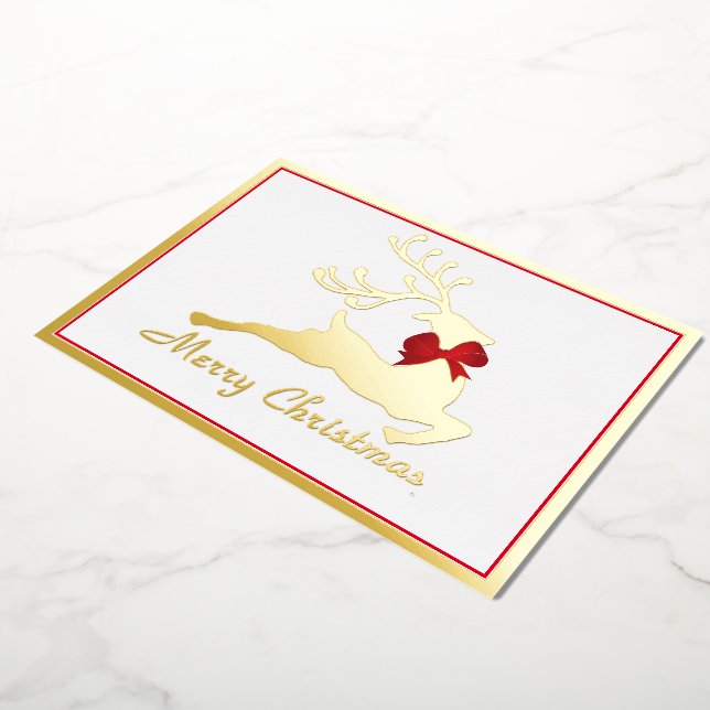 Foil deer with red bow custom Christmas Foil Holiday Card (Rotated)