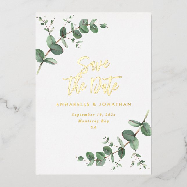 foil Eucalyptus modern wedding save the date (Front)