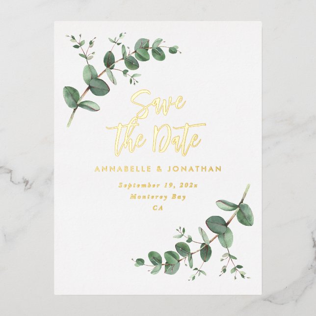 foil Eucalyptus modern wedding save the date  Foil Invitation Postcard (Front)
