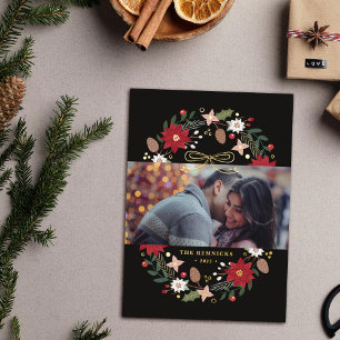 Foil Floral Christmas Wreath Holiday Photo Card