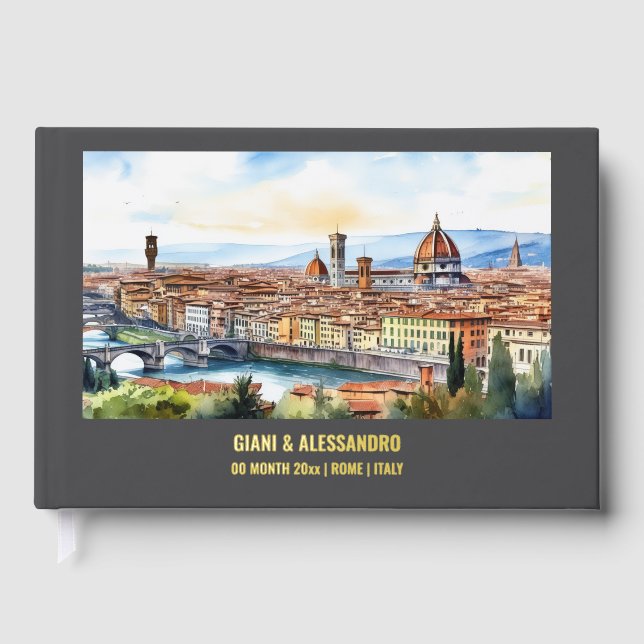 Foil Florence watercolor destination wedding grey Guest Book (Front)