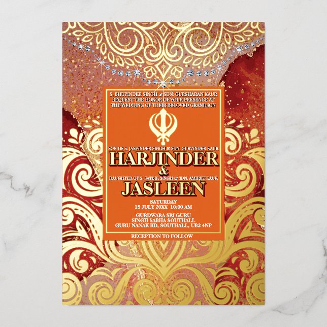 Foil Glitter Anand Karaj Sikh Wedding Invitation (Front)