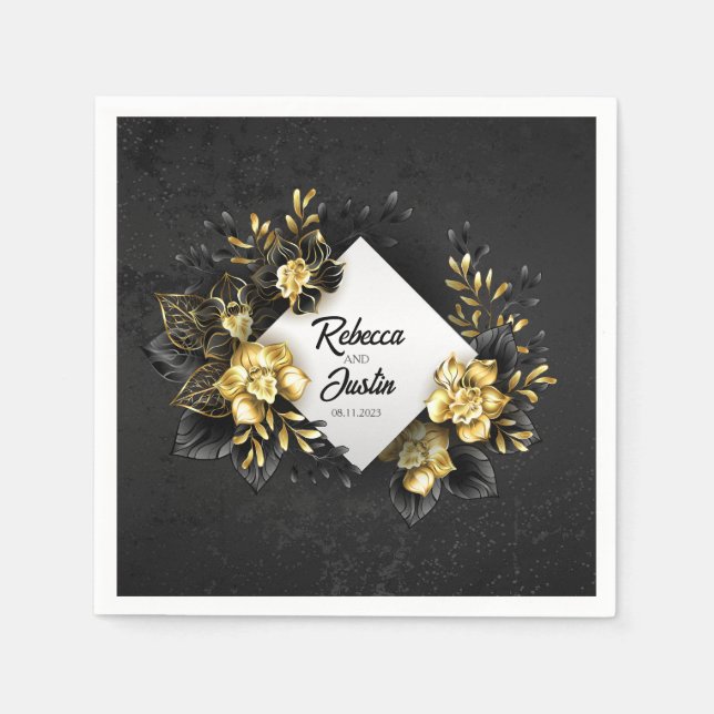Foil Gold Black Orchids Modern Boho Napkin (Front)