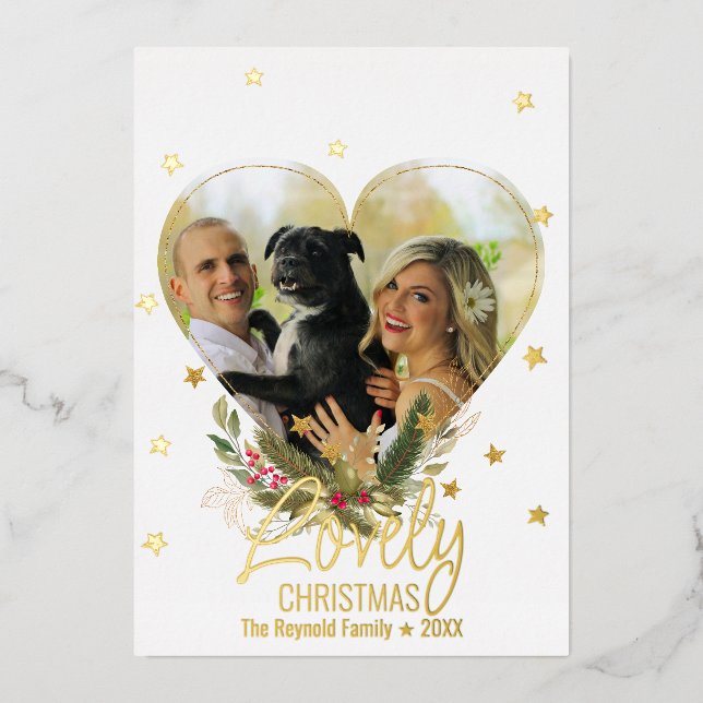 Foil Gold Glitter Stars Love Christmas Photo Heart Foil Holiday Card (Front)