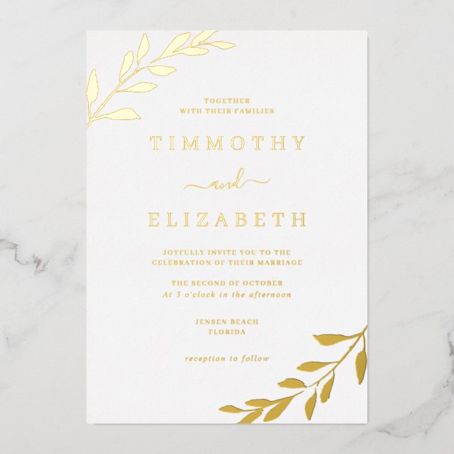 Foil Gold Leaf Elegant Wedding  Foil Invitation (Front)